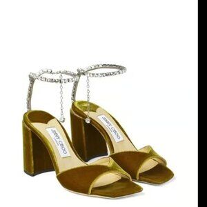 Jimmy Choo Women's Metallic Green Saeda 85 Velvet Sandals Size 38.5